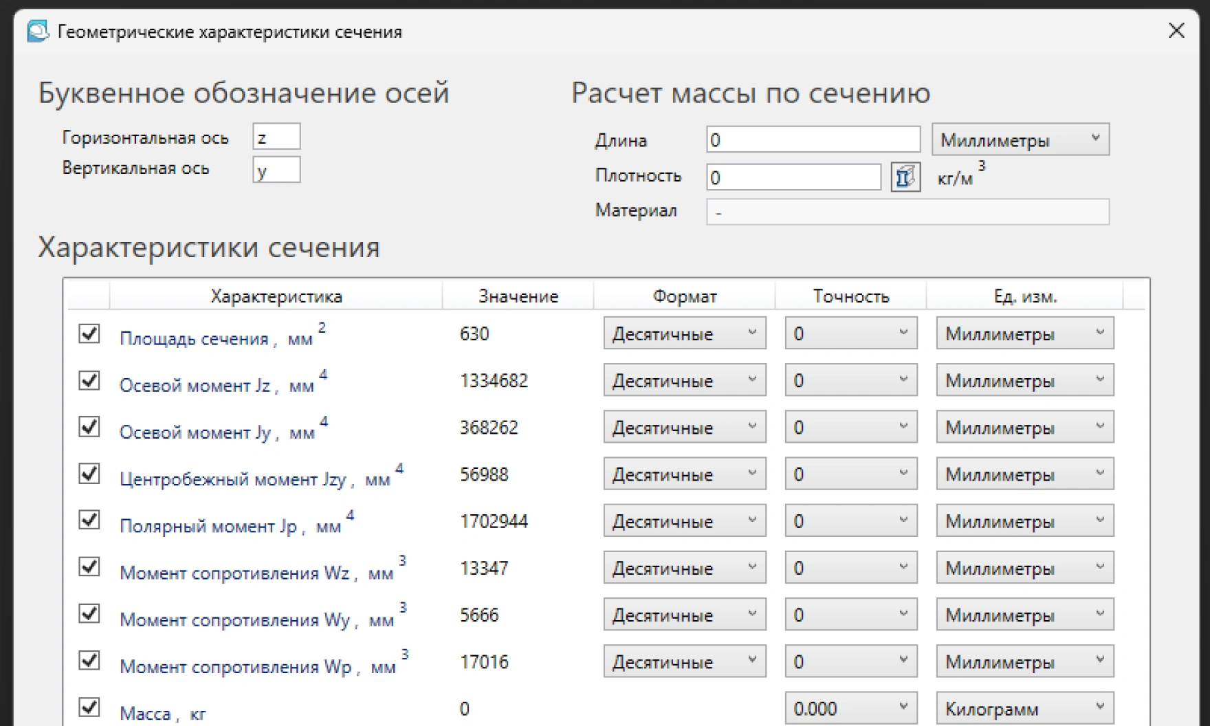 Геометрические характеристики сечения